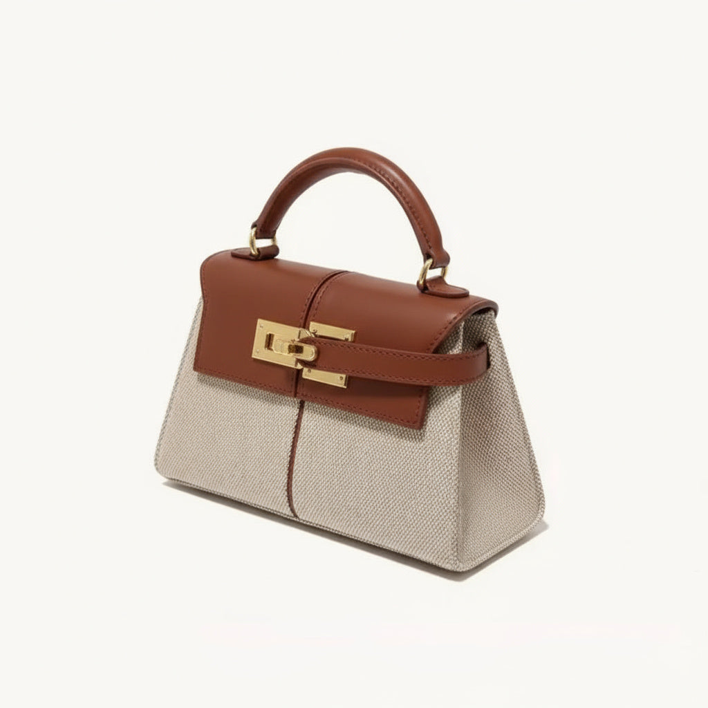 Sac à main femme en cuir et toile avec fermoir doré