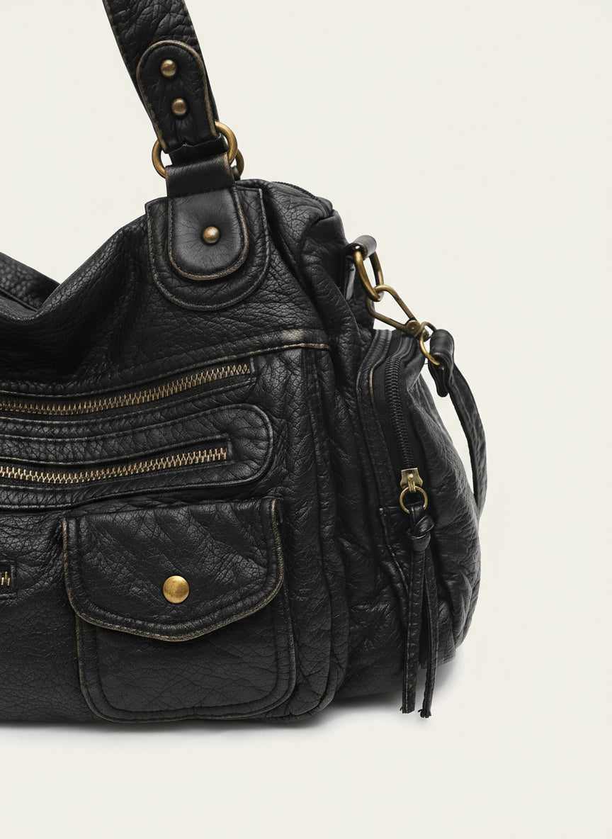 Sac à Bandoulière Vintage Femme – Cuir Élégant avec Poches Zippées