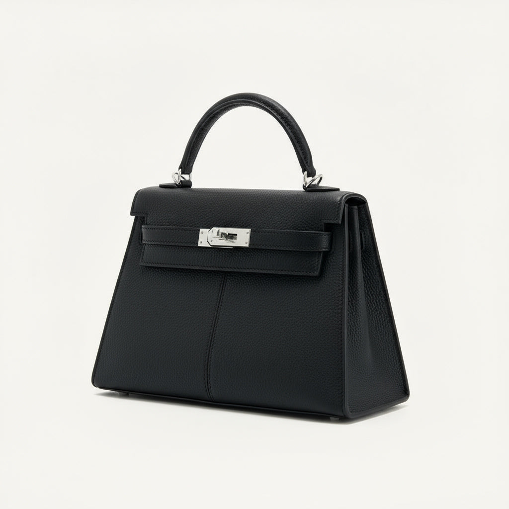 Sac à Main Femme Élégant en Cuir Noir avec Fermoir Doré