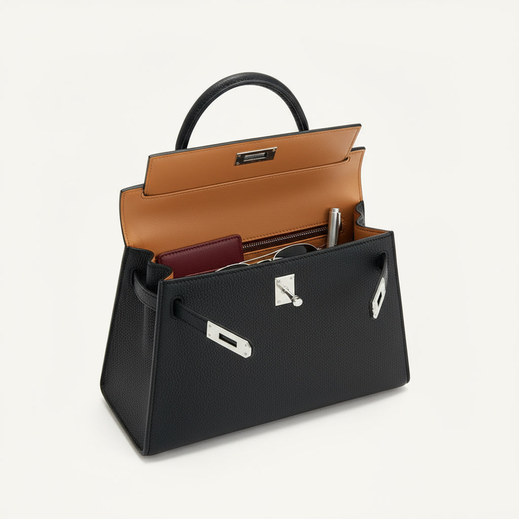 Sac à Main Femme Élégant en Cuir Noir avec Fermoir Doré