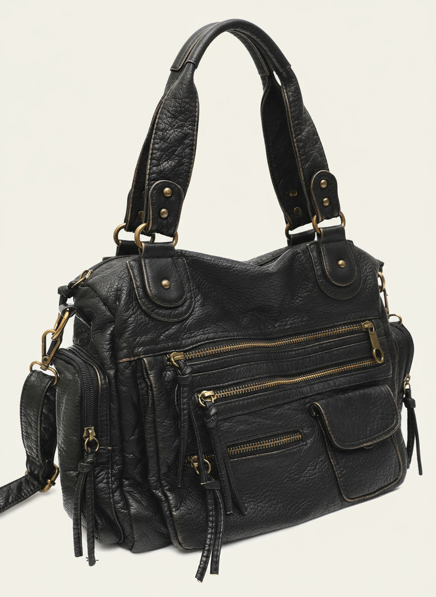 Sac à Bandoulière Vintage Femme – Cuir Élégant avec Poches Zippées