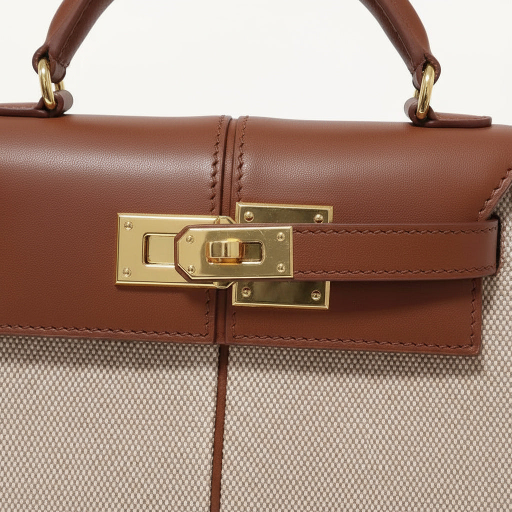 Sac à main femme en cuir et toile avec fermoir doré