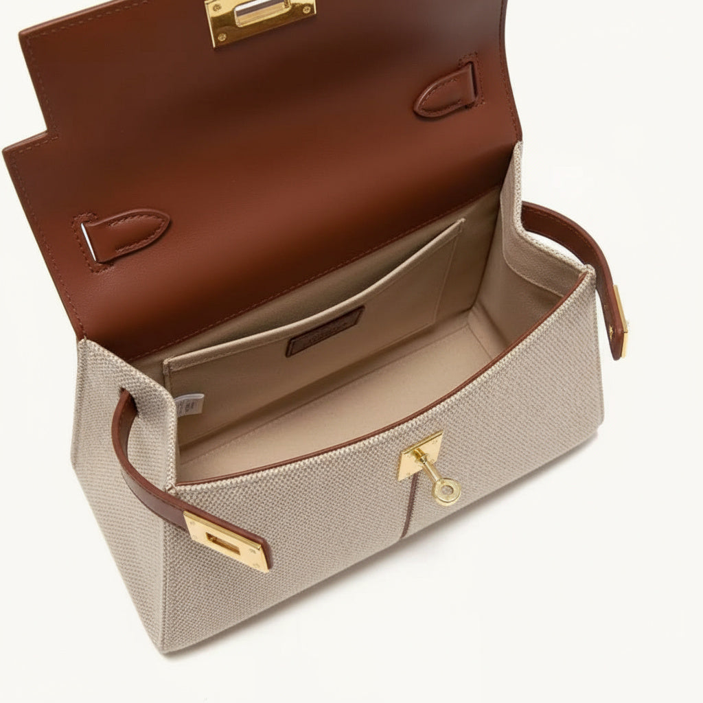 Sac à main femme en cuir et toile avec fermoir doré