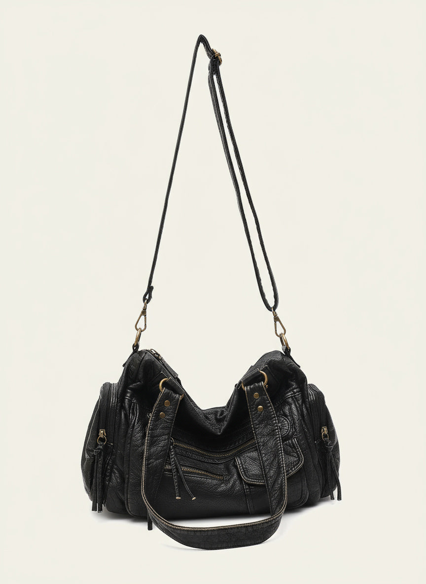 Sac à Bandoulière Vintage Femme – Cuir Élégant avec Poches Zippées
