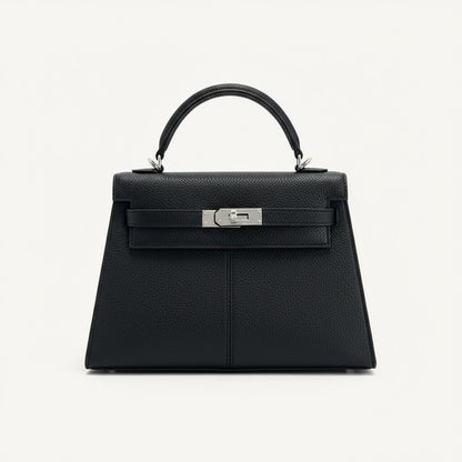 Sac à Main Femme Élégant en Cuir Noir avec Fermoir Doré