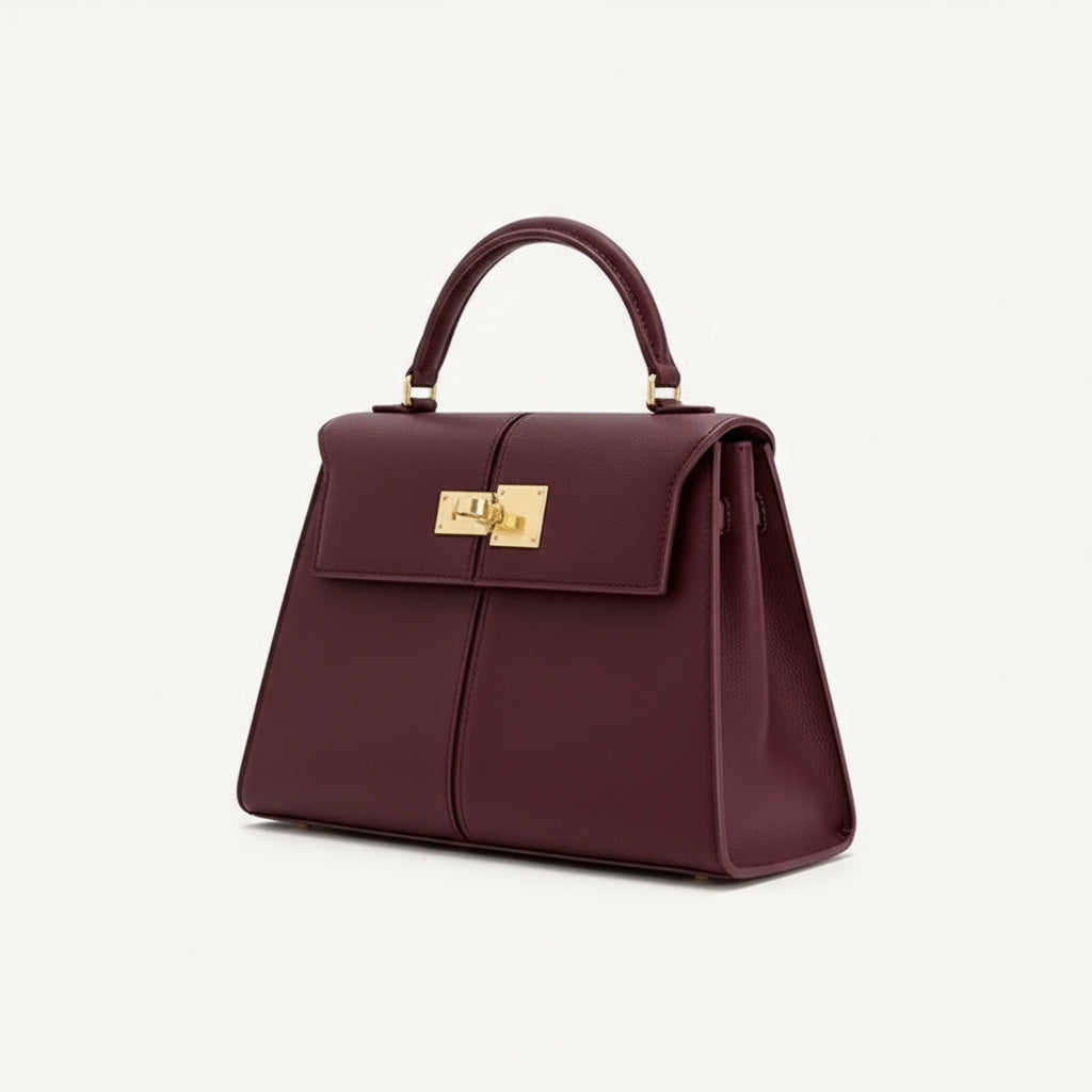 Sac à Main Femme Élégant en Cuir Rouge Bordeaux avec Fermoir Doré