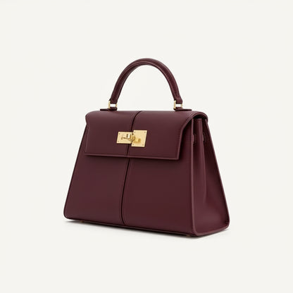 Sac à Main Femme Élégant en Cuir Rouge Bordeaux avec Fermoir Doré