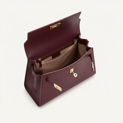 Sac à Main Femme Élégant en Cuir Rouge Bordeaux avec Fermoir Doré