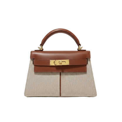 Sac à main femme en cuir et toile avec fermoir doré