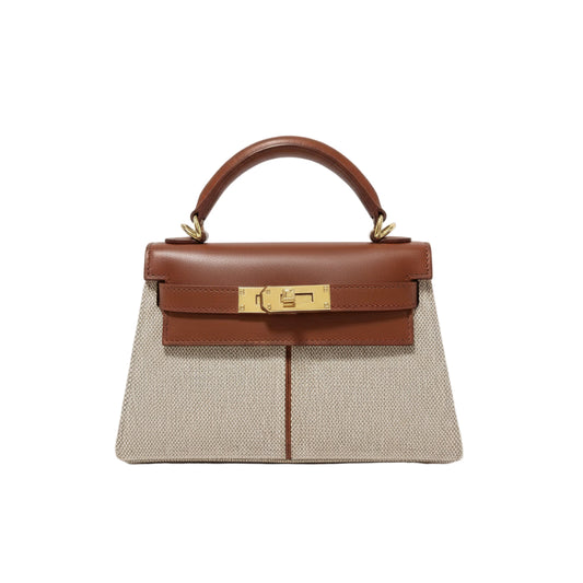 Sac à main femme en cuir et toile avec fermoir doré
