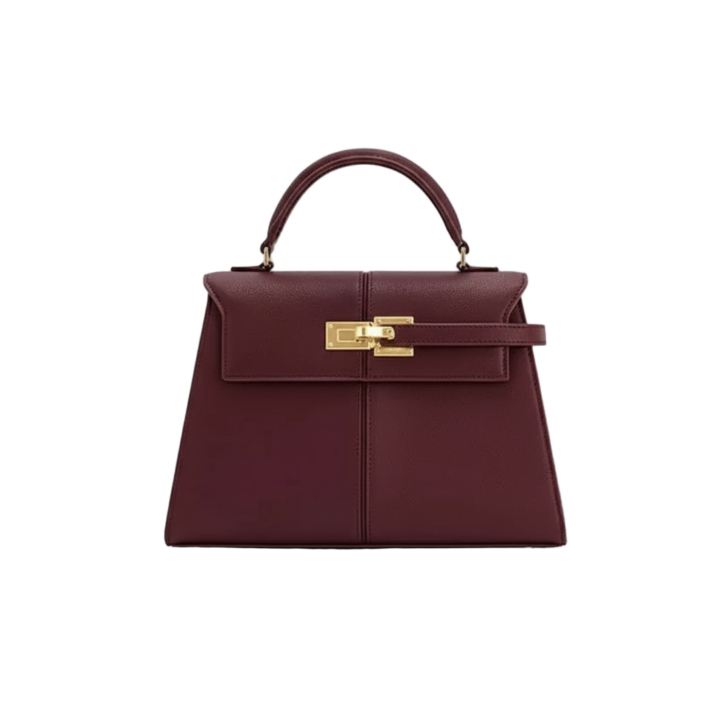 Sac à Main Femme Élégant en Cuir Rouge Bordeaux avec Fermoir Doré