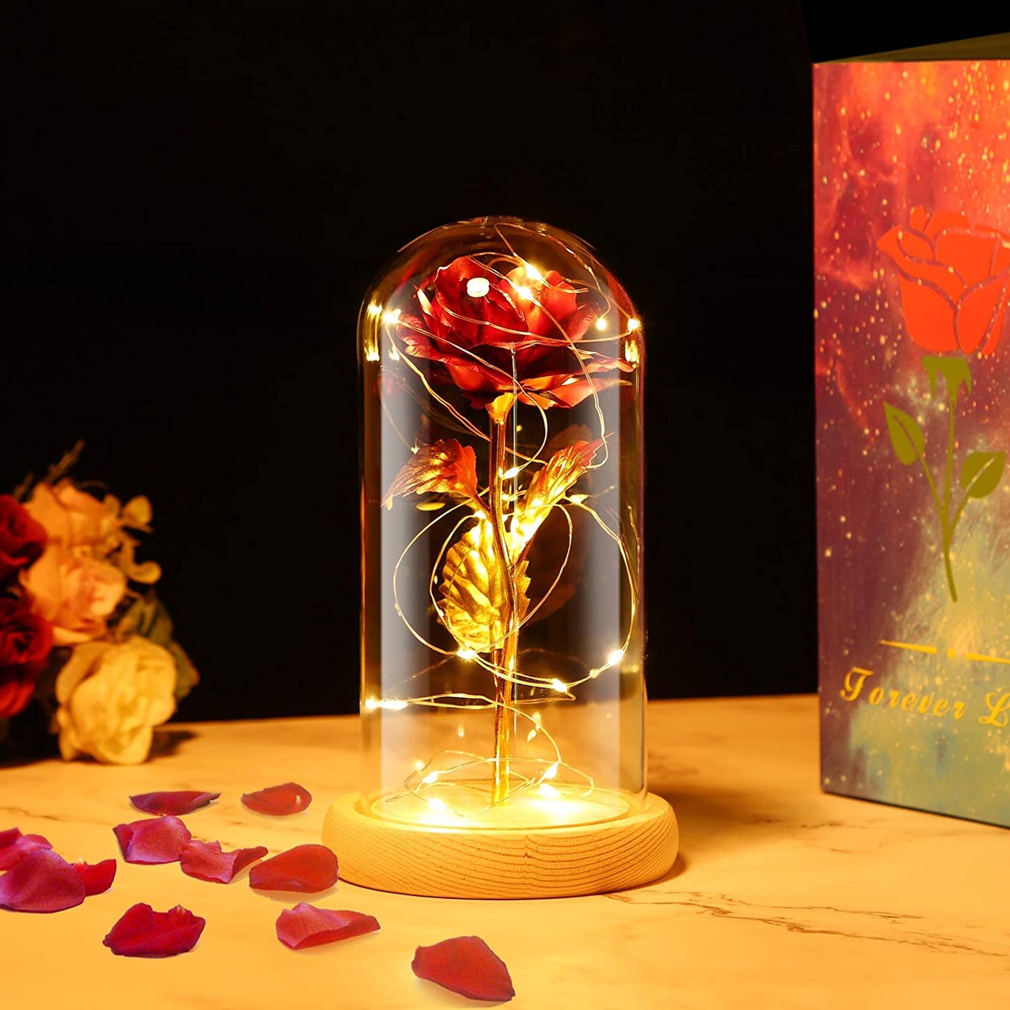 Rose Éternelle Enchantée lumineuse sous cloche - Idée Cadeau Femme - Blxck France