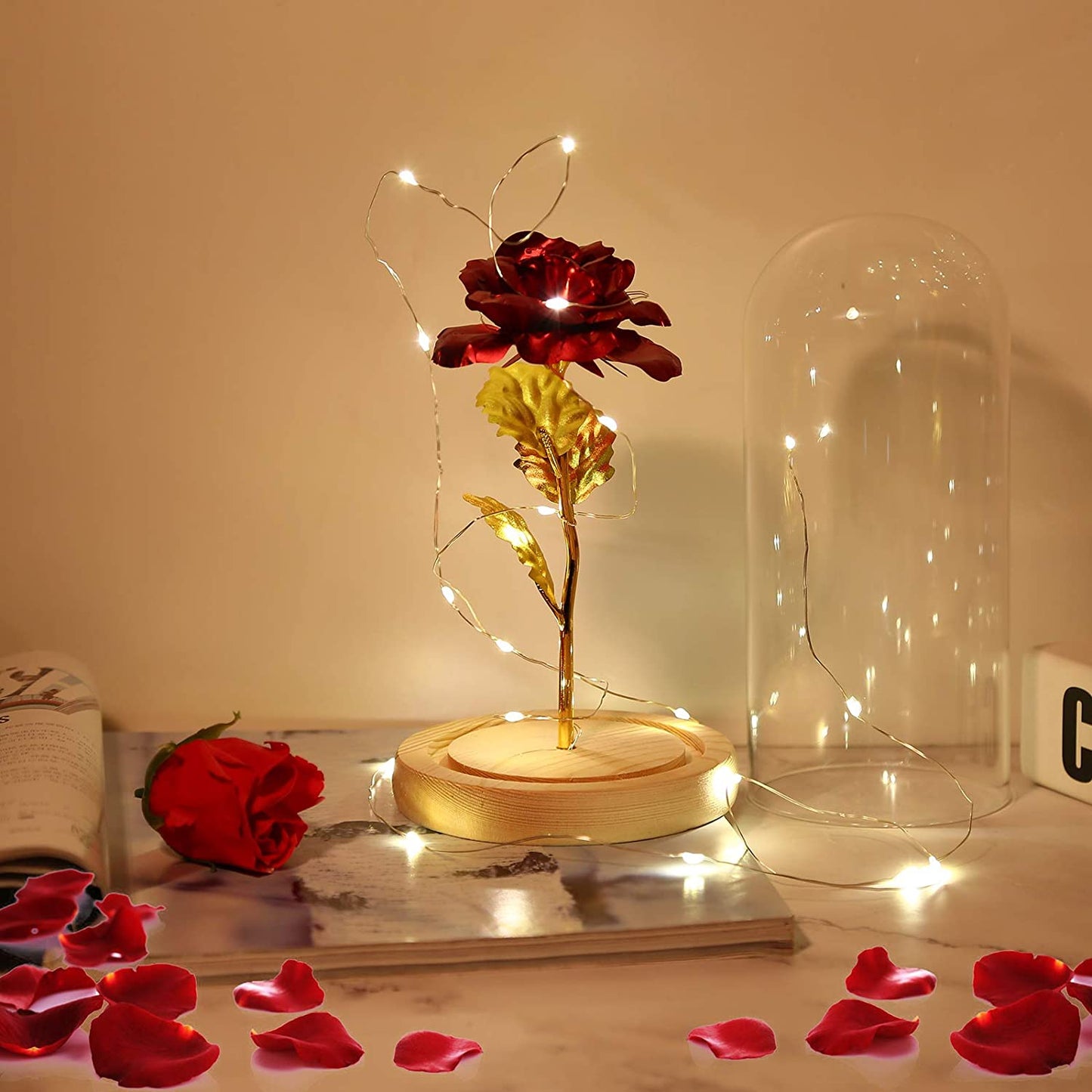Rose Éternelle Enchantée lumineuse sous cloche - Idée Cadeau Femme - Blxck France